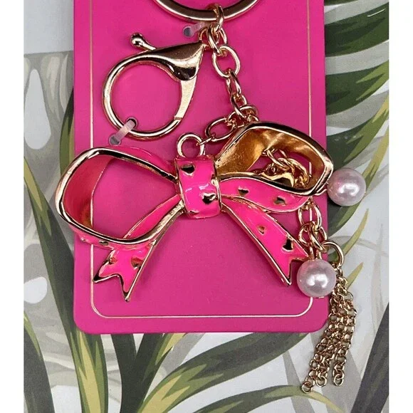 RARE Juicy Couture BOW Keychain Bag Charm Hot Pink Enameled Heart Pearl BLING